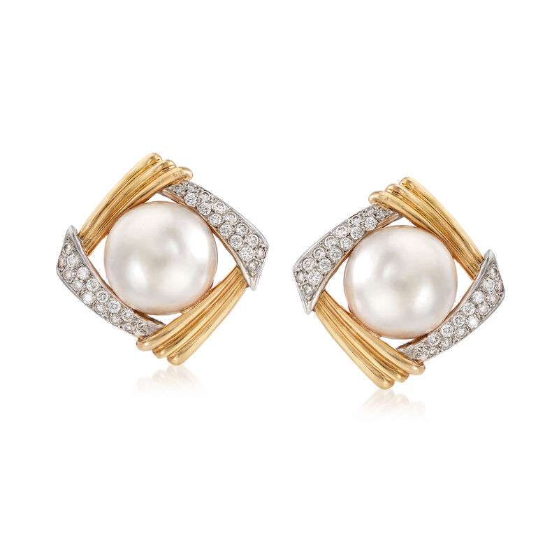 C. 1970 Vintage Mabe Pearl and 1.70 ct. t.w. Diamond Earrings in 14kt Yellow Gold image number 0