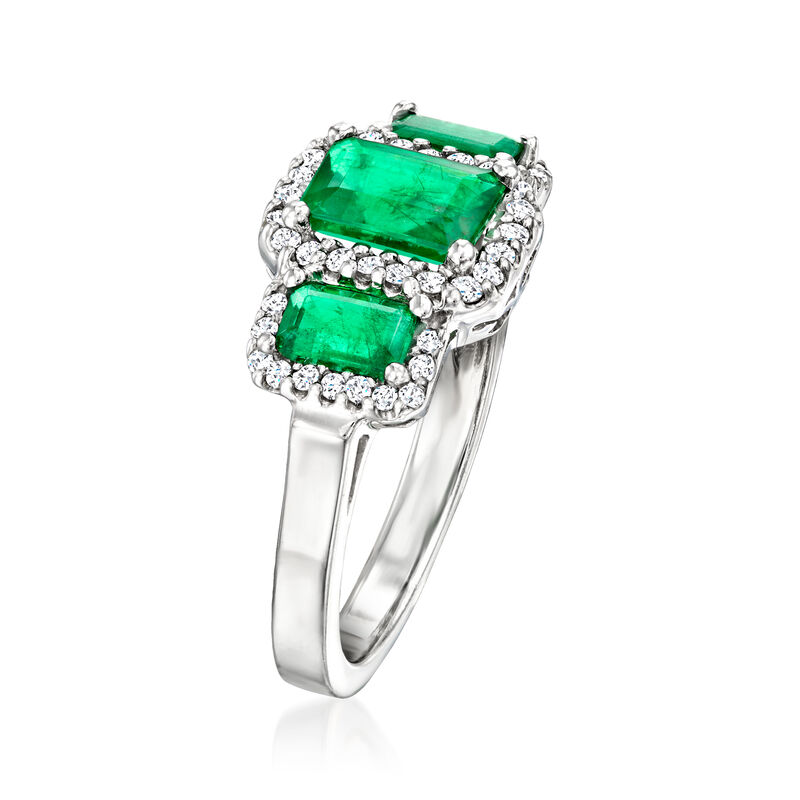 1.70 ct. t.w. Emerald Three-Stone Ring with .26 ct. t.w. Diamonds in 14kt White Gold image number 2