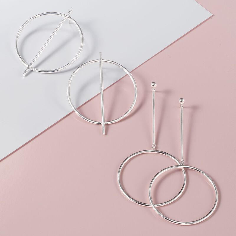 Sterling Silver Linear Bar and Open Circle Drop Earrings image number 2