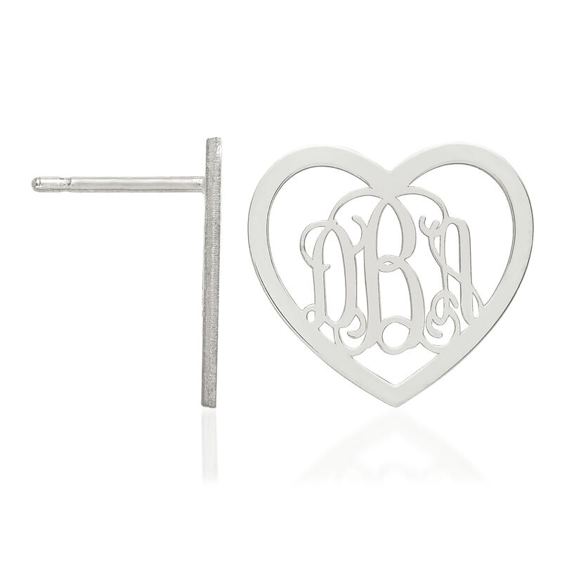 Sterling Silver Medium Laser Polished Heart Monogram Post Earrings image number 1