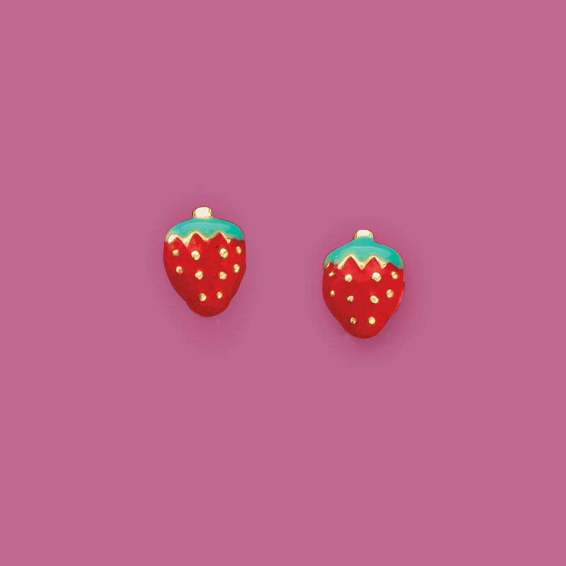 Child's Enamel Strawberry Stud Earrings in 14kt Yellow Gold image number 1