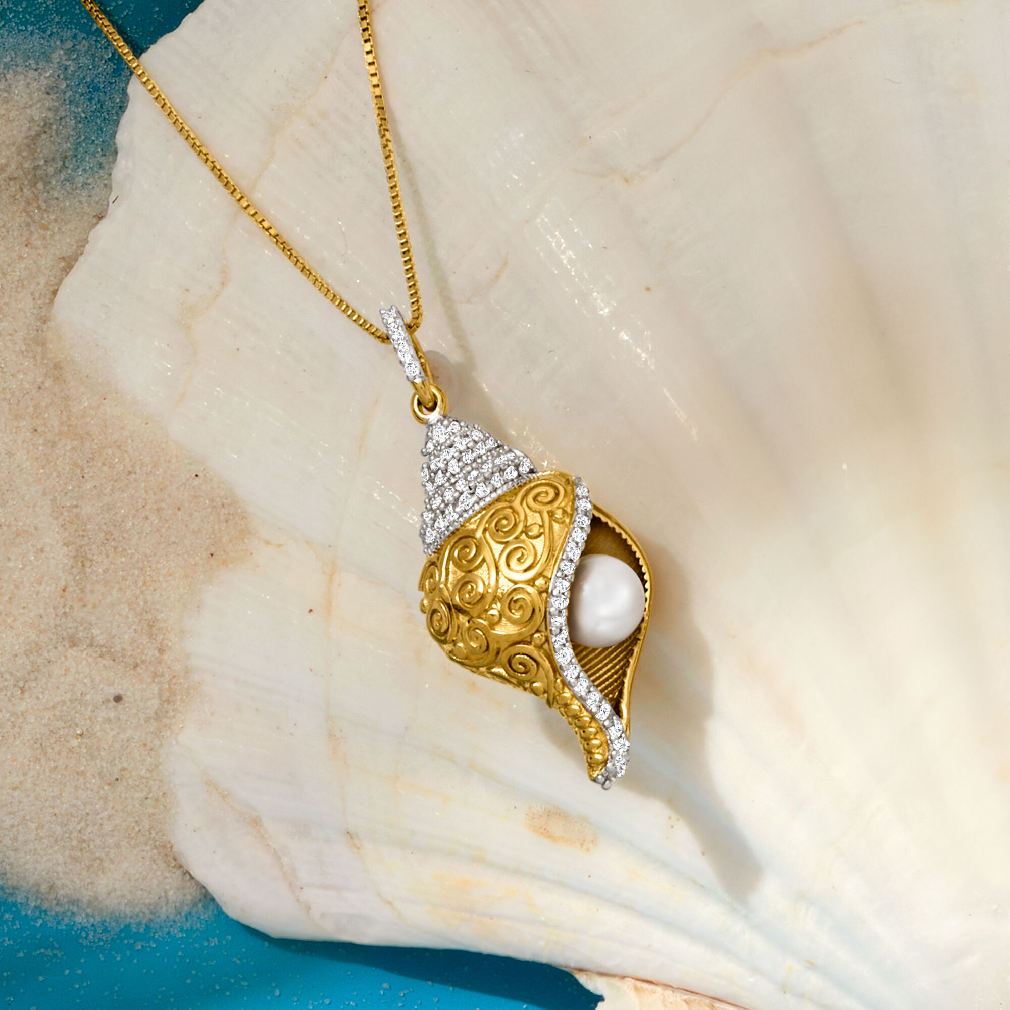 6mm Cultured Pearl and .40 ct. t.w. White Topaz Seashell