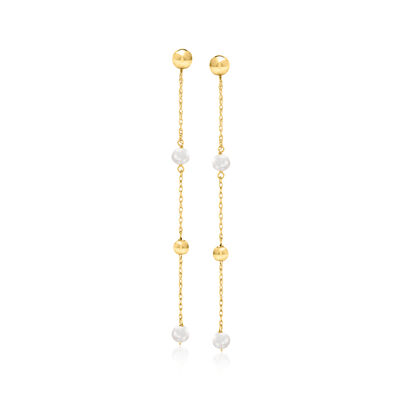 3-4mm Cultured Pearl and Bead Station Drop Earrings in 14kt Yellow Gold