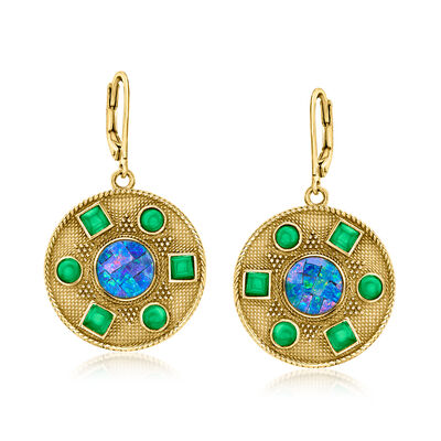 Mosaic Black Opal Triplet Drop Earrings with Green Agate in 18kt Gold Over Sterling