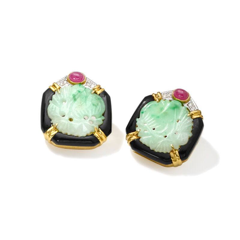 C. 1980 Vintage Jade, Onyx and 1.00 ct. t.w. Ruby Clip-On Earrings with Diamonds in 18kt Two-Tone Gold image number 3