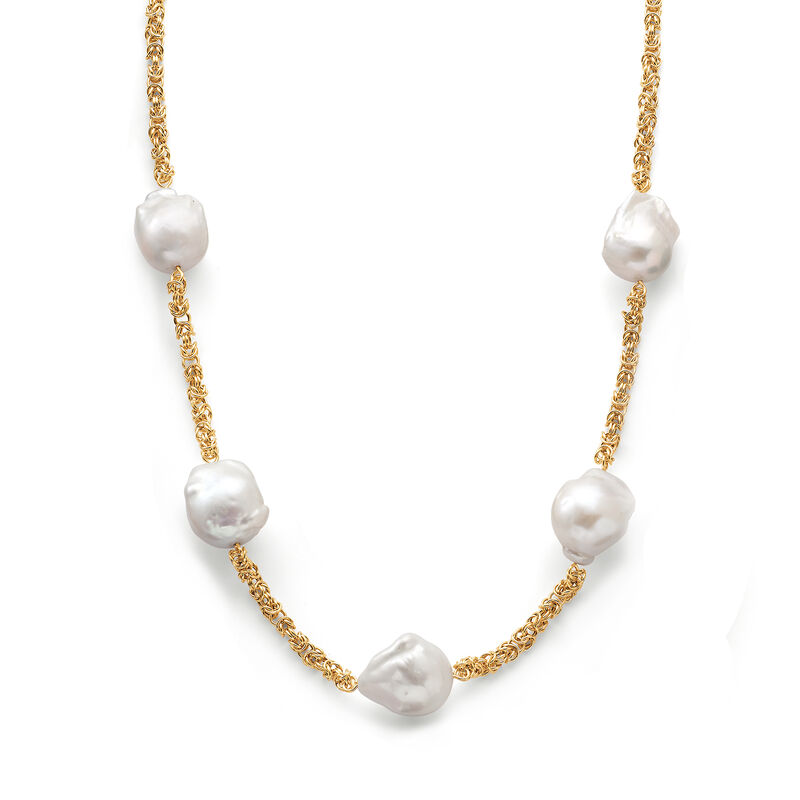 14-16mm Cultured Baroque Pearl and 14kt Yellow Gold Byzantine Station Necklace image number 4