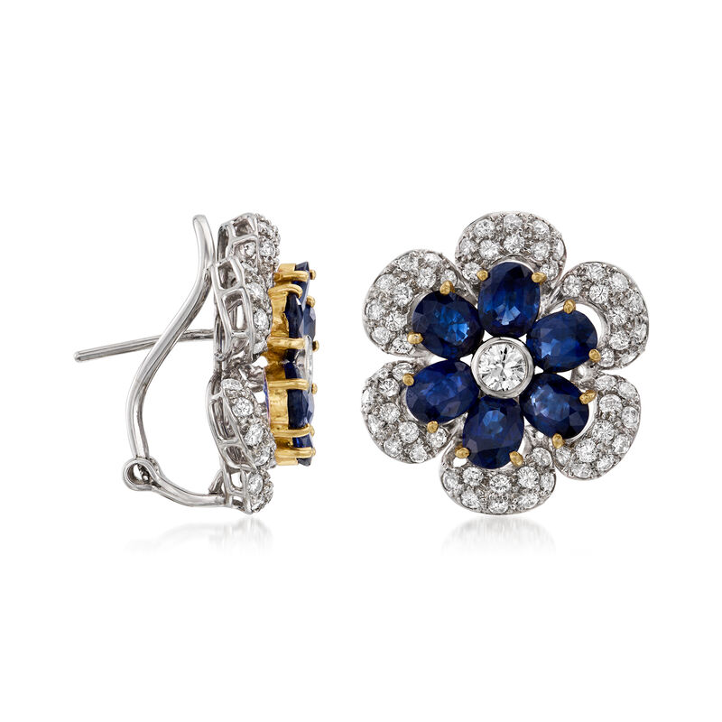 C. 1980 Vintage 7.20 ct. t.w. Sapphire and 2.70 ct. t.w. Diamond Flower Earrings in 18kt Two-Tone Gold image number 2