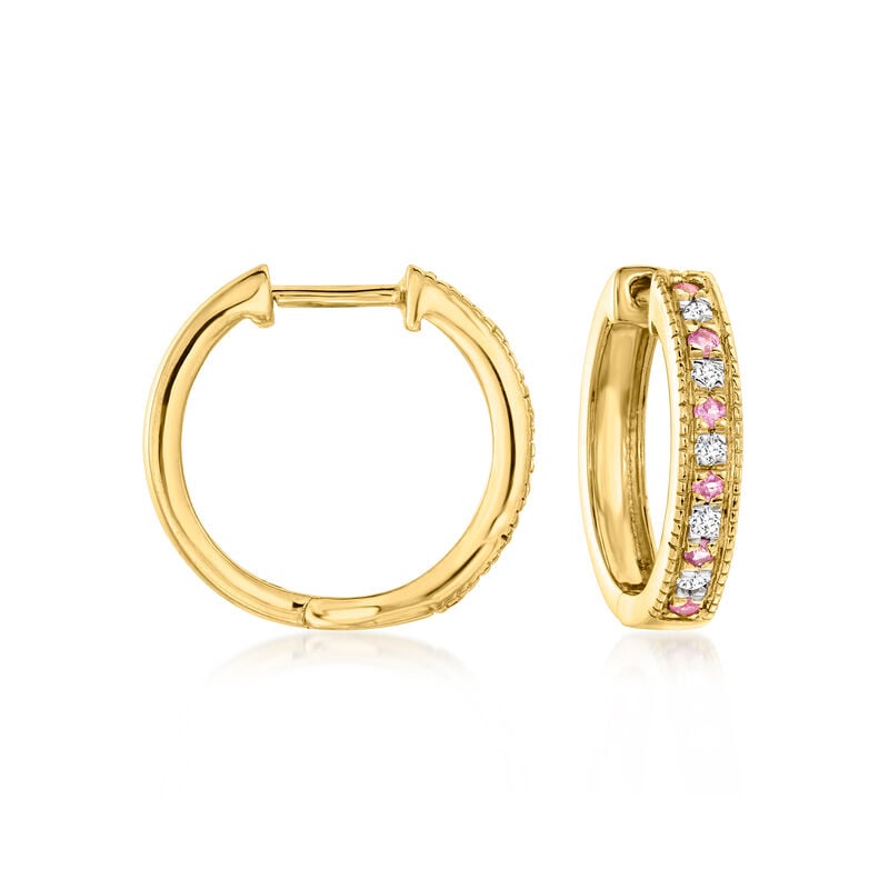 .11 ct. t.w. Diamond and .10 ct. t.w. Pink Sapphire Hoop Earrings in 18kt Gold Over Sterling. 1/2" image number 0