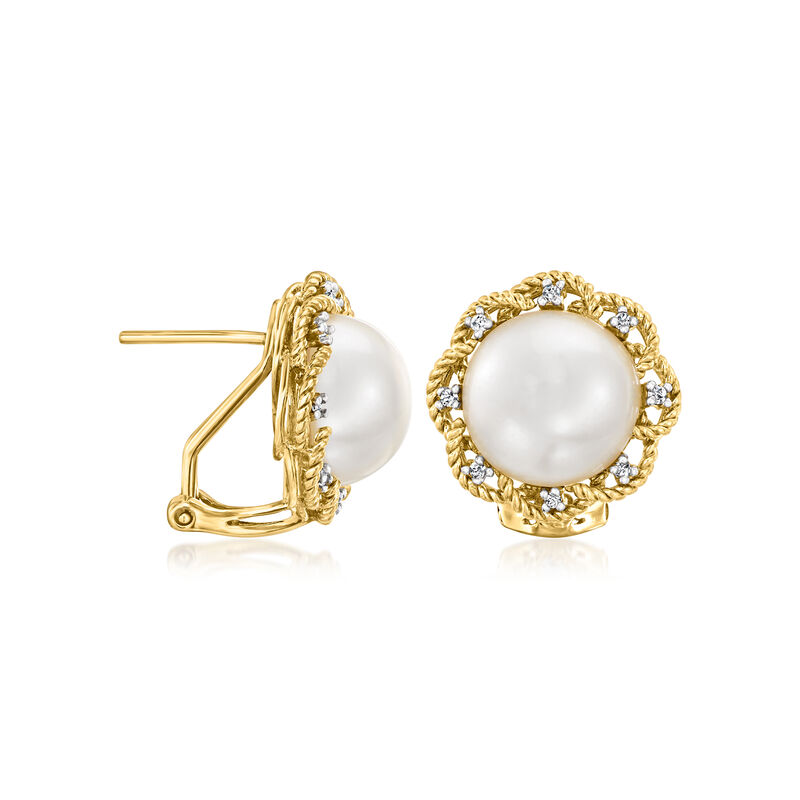 11-11.5mm Cultured Mabe Pearl Earrings with .11 ct. t.w. Diamonds in 18kt Gold Over Sterling  image number 2