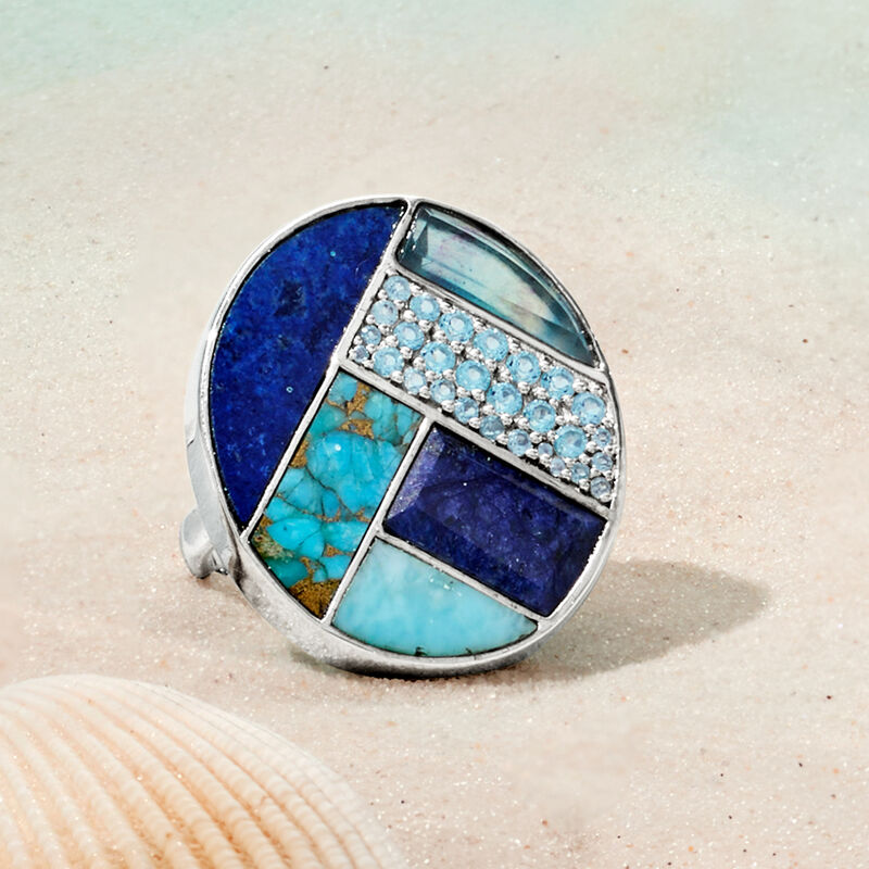 Tonal Blue Multi-Gemstone Inlay Ring with 3.80 Carat Sapphire and .80 ct. t.w. Swiss Blue Topaz in Sterling Silver image number 4