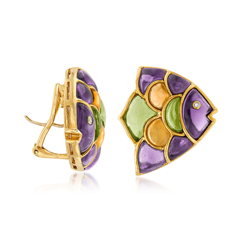 C. 1990 Vintage Multi-Gemstone Fish Earrings in 18kt Yellow Gold image number 2