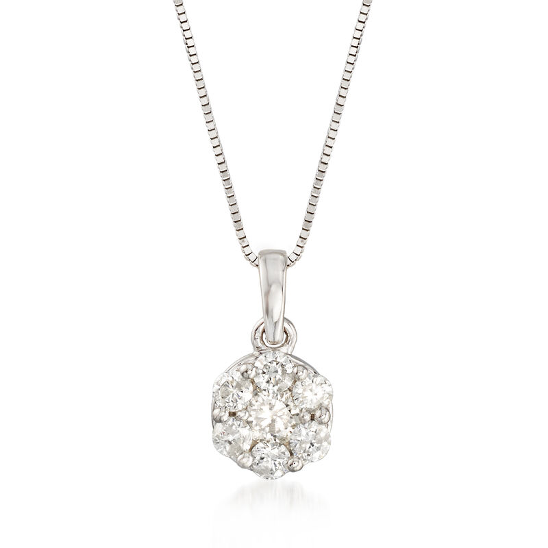 .50 ct. t.w. Diamond Flower Cluster Pendant Necklace in 14kt White Gold. 18&quot; image number 1