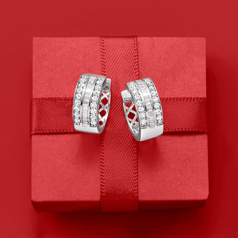 1.00 ct. t.w. Baguette and Round Diamond Hoop Earrings in Sterling Silver. 1/2&quot; image number 4