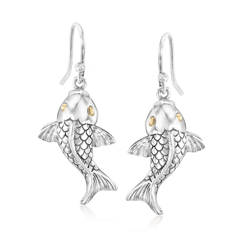 Sterling Silver Bali-Style Koi Fish Drop Earrings with 18kt Yellow Gold image number 0