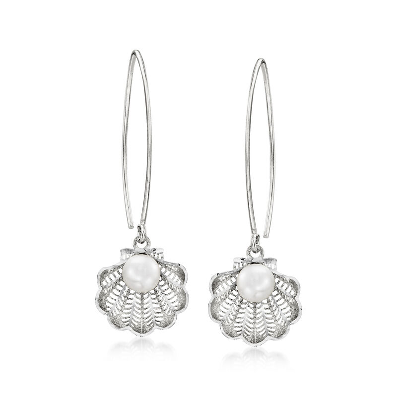 Italian 6mm Cultured Pearl Seashell Drop Earrings in Sterling Silver image number 0