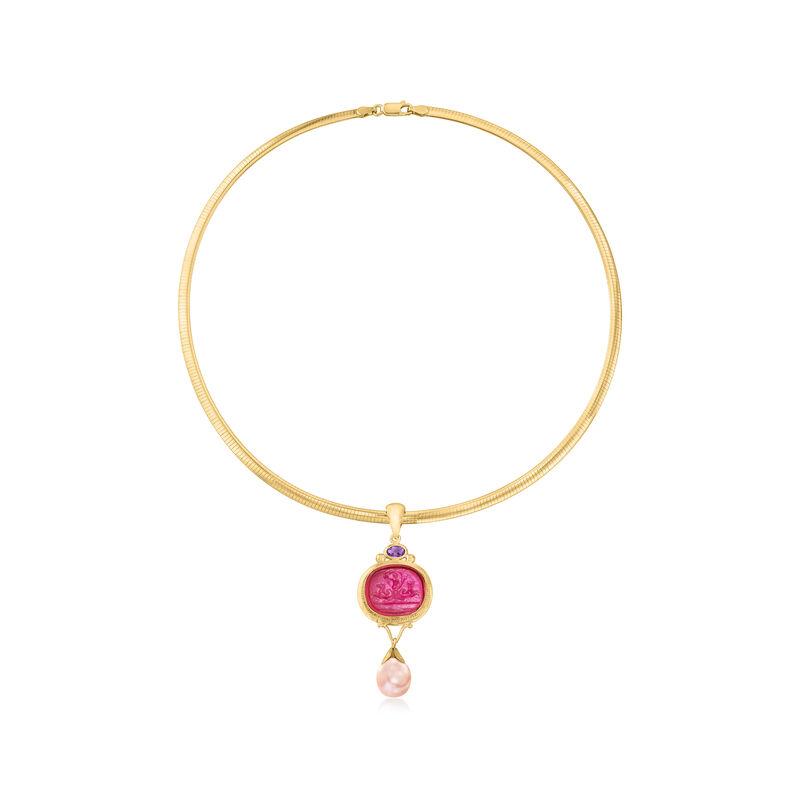Italian 10.5-11mm Champagne Cultured Pearl and Pink Venetian Glass Pendant with .60 Carat Amethyst in 18kt Gold Over Sterling  image number 1