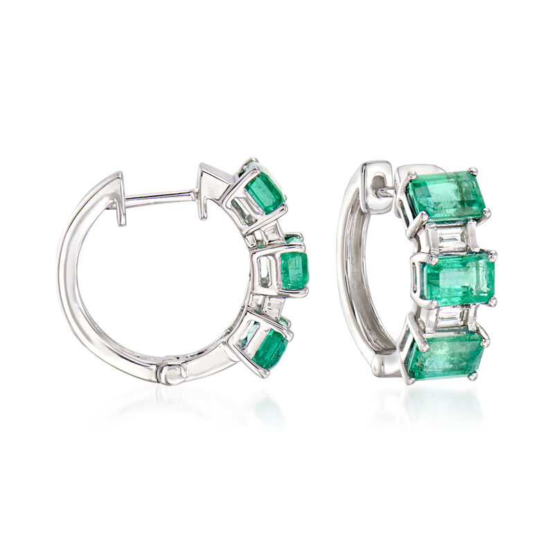 3.30 ct. t.w. Emerald and .15 ct. t.w. Diamond Hoop Earrings in 14kt White Gold. 1/2&quot; image number 0