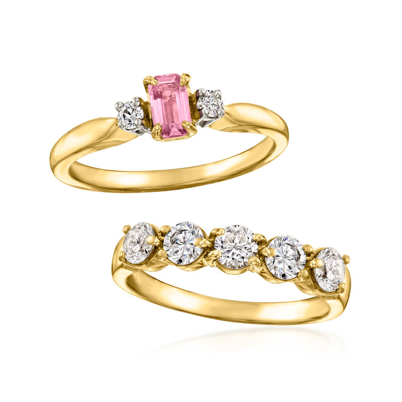 C. 1990 Vintage .25 Carat Pink Tourmaline and .85 ct. t.w. Diamond Bridal Set: Engagement and Wedding Rings in 18kt Yellow Gold. Size 6.5 image number 3
