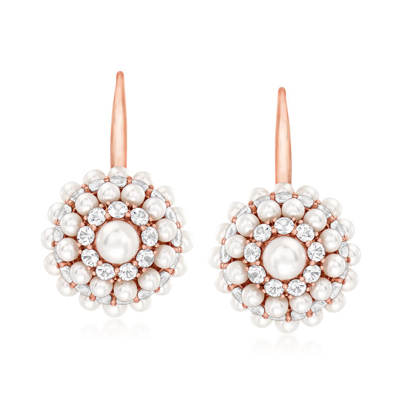 C. 1990 Vintage Mimi Milano 3.5-5.5mm Cultured Pearl and 6.50 ct. t.w. White Sapphire Cluster Earrings in 18kt Rose Gold image number 0