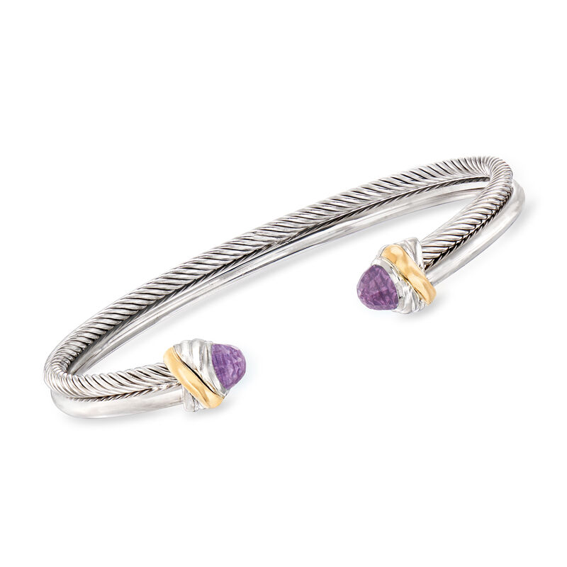 Phillip Gavriel &quot;Italian Cable&quot; .56 ct. t.w. Amethyst Cuff Bracelet in Sterling Silver and 18kt Yellow Gold. 7.5&quot; image number 0