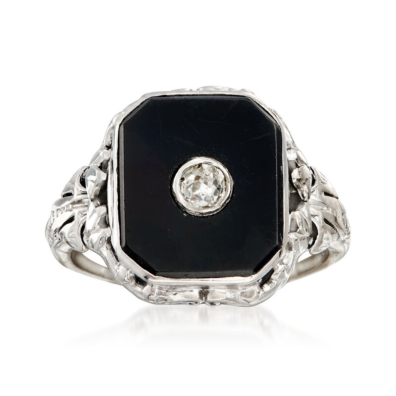 C. 1930 Vintage Black Onyx and .10 ct. t.w. Diamond Ring in 14kt Gold and Platinum. Size 6 image number 0