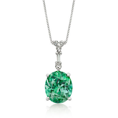 C. 1990 Vintage 5.34 Carat Oval Green Tourmaline Pendant Necklace with .21 ct. t.w. Diamonds in Platinum