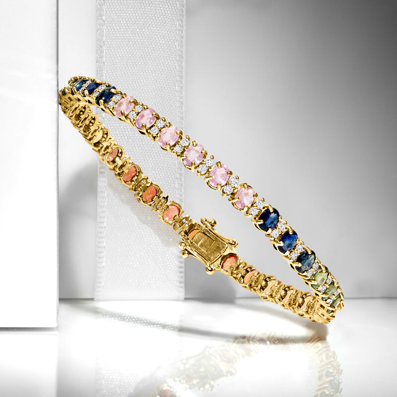 7.00 ct. t.w. Multicolored Sapphire Tennis Bracelet with .86 ct. t.w. Diamonds in 14kt Yellow Gold image number 2