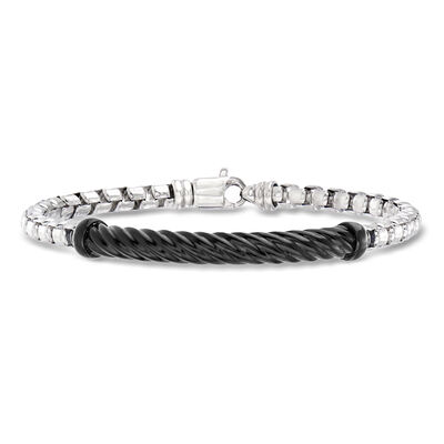 Phillip Gavriel Men's "Italian Cable" Sterling Silver Box-Chain Bracelet with Black Enamel