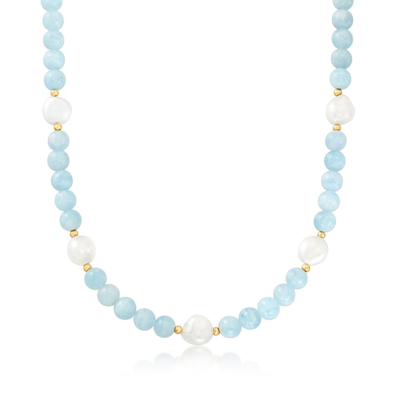 190.00 ct. t.w. Aquamarine Bead and 11-12mm Cultured Baroque Pearl Necklace with 14kt Yellow Gold image number 0