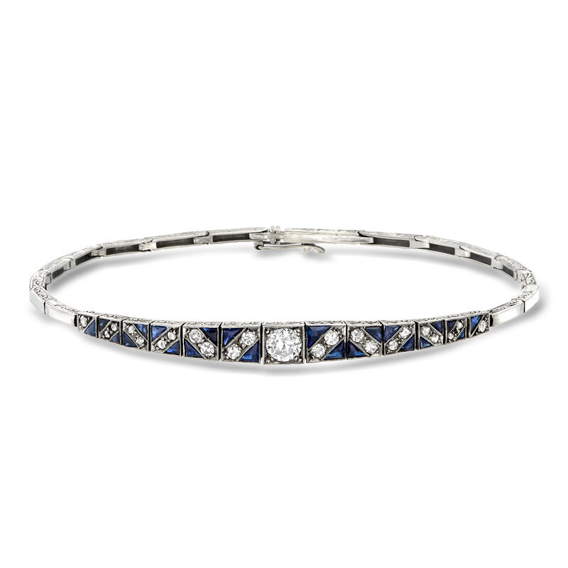 C. 1920 Vintage .70 ct. t.w. Synthetic Sapphire and .58 ct. t.w. Diamond Bracelet in 18kt White Gold. 7" image number 0