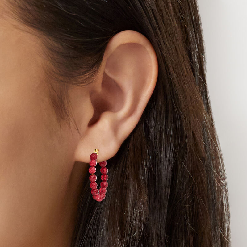 6.25 ct. t.w. Ruby Bead Hoop Earrings in 10kt Yellow Gold. 7/8&quot; image number 1