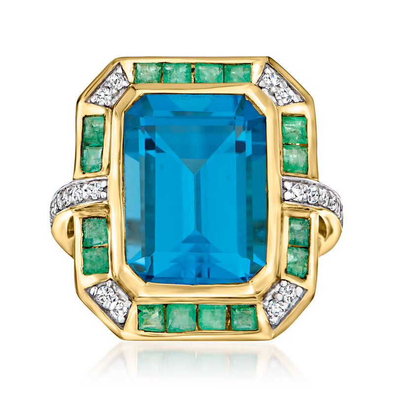 9.25 Carat Swiss Blue Topaz, .70 ct. t.w. Emerald and .20 ct. t.w. Diamond Ring in 14kt Yellow Gold image number 0