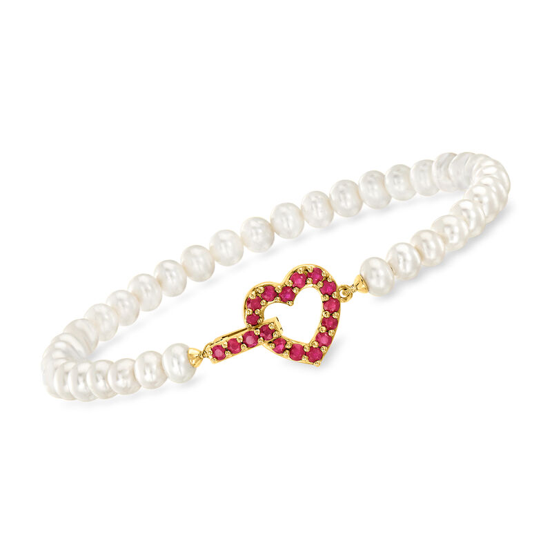 4.5-5mm Cultured Pearl and .50 ct. t.w. Ruby Heart Bracelet in 18kt Gold Over Sterling. 7&quot; image number 0