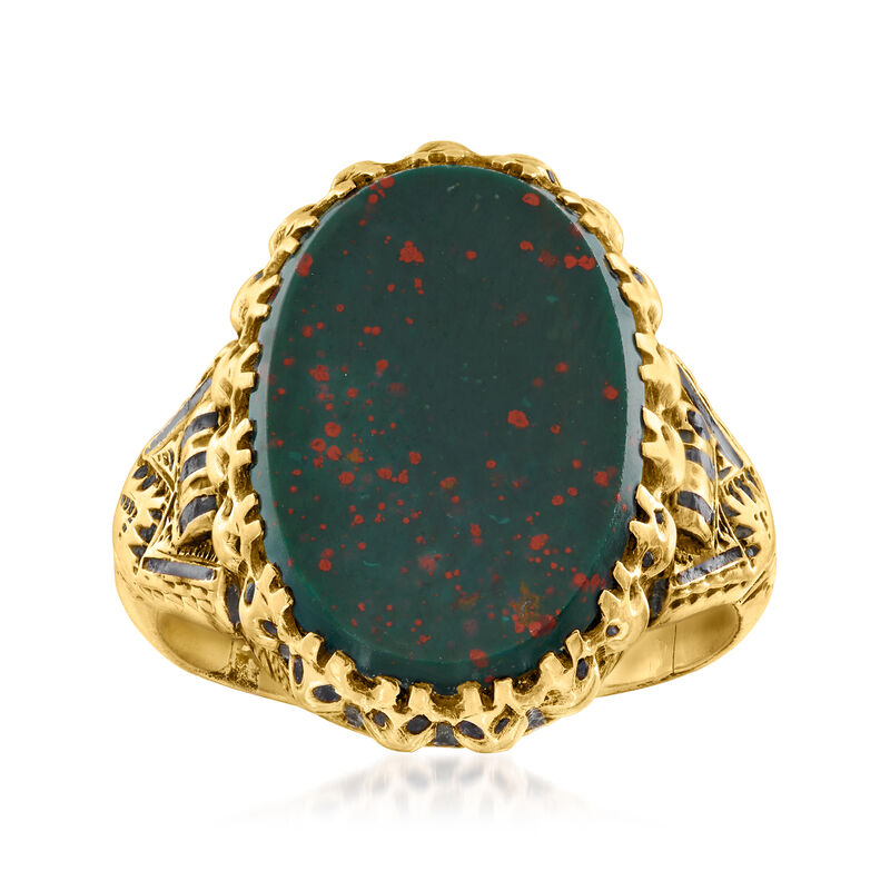 C. 1950 Vintage Bloodstone Ring with Black Enamel in 9kt Yellow Gold image number 0