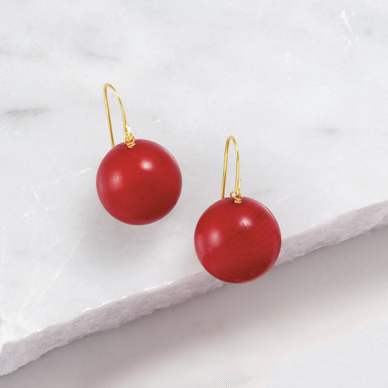 12mm Red Coral Bead Drop Earrings in 14kt Yellow Gold image number 3
