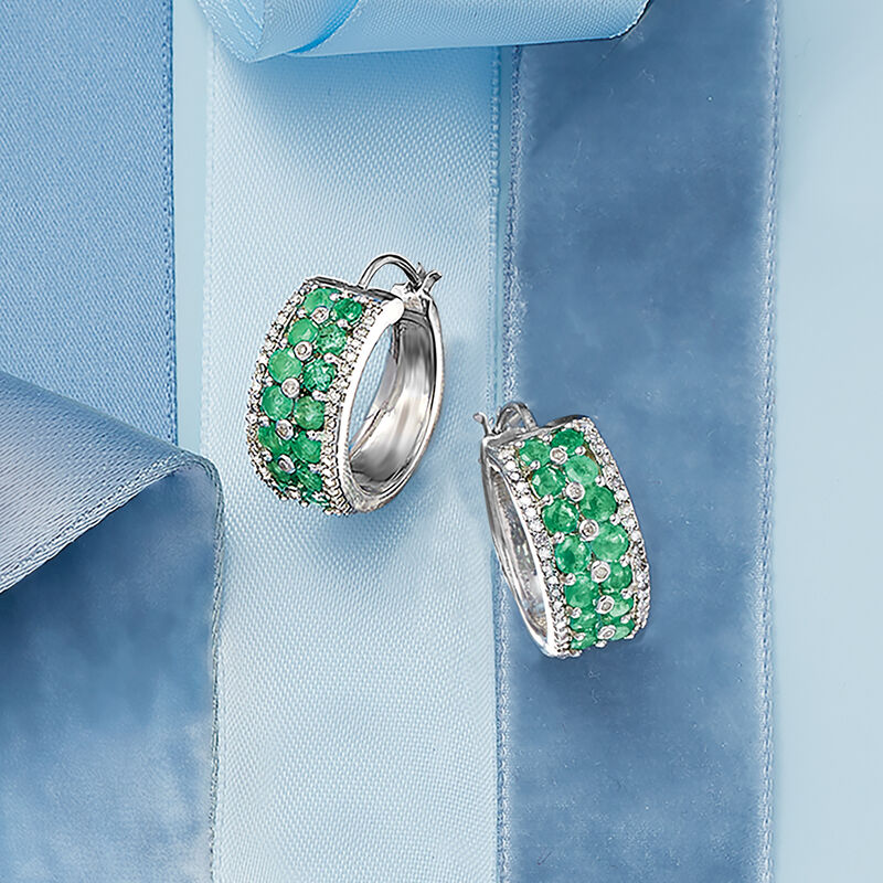 1.90 ct. t.w. Emerald and .43 ct. t.w. Diamond Hoop Earrings in Sterling Silver. 3/4&quot; image number 2