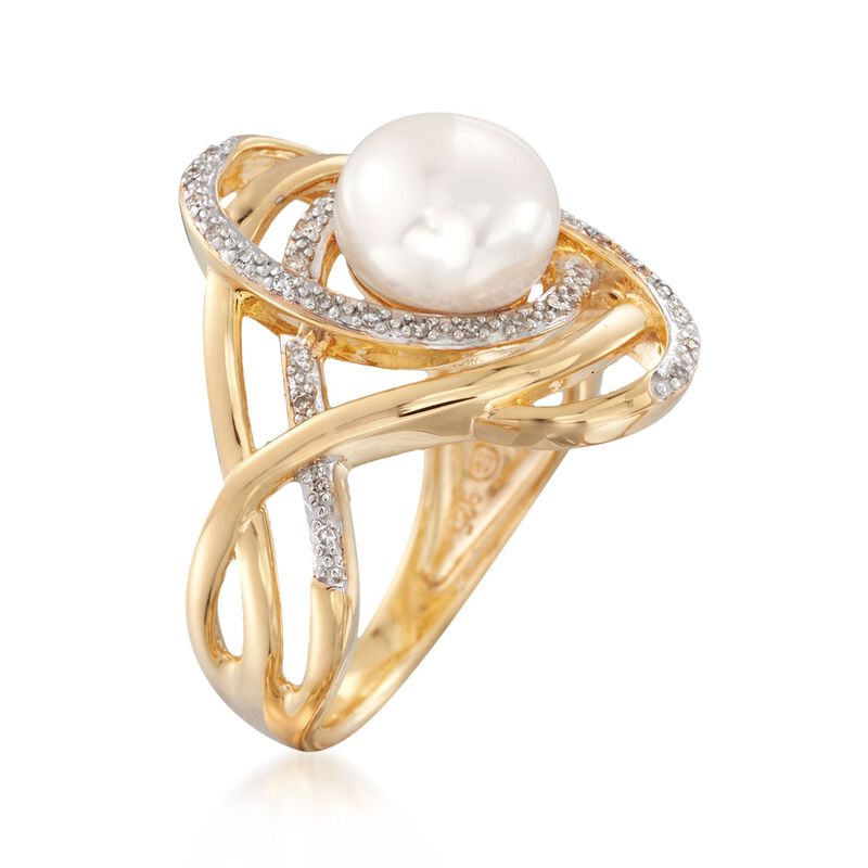 8-8.5mm Cultured Pearl and .10 ct. t.w. Diamond Swirl Ring in 18kt Gold Over Sterling image number 2