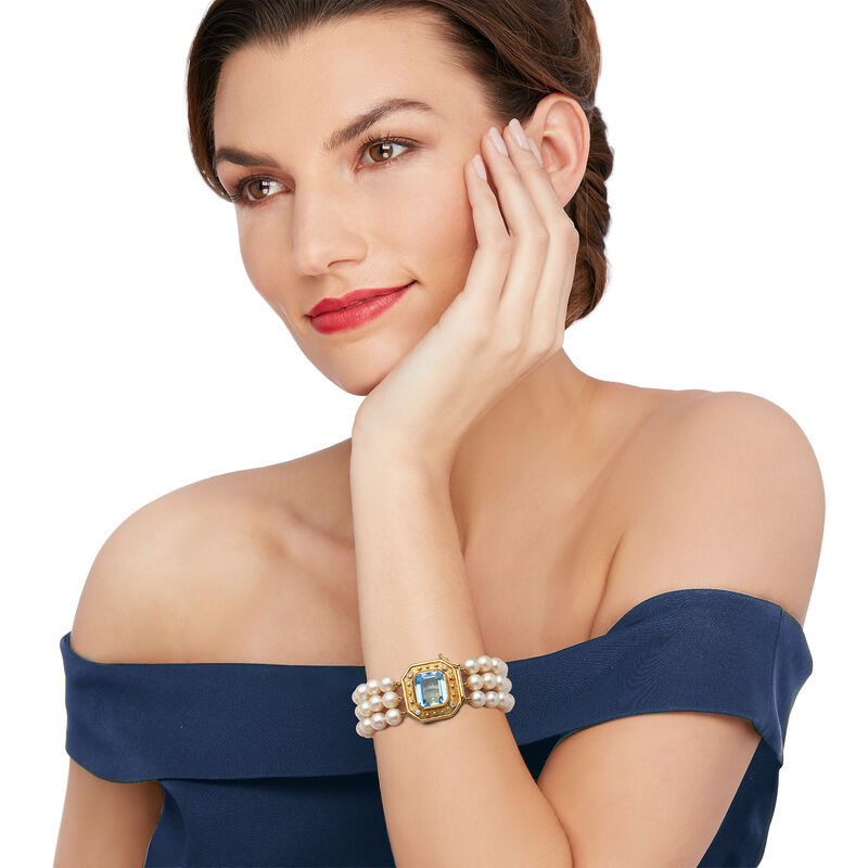 C. 1980 Vintage Cultured Pearl and 11.60 Carat Blue Topaz Bracelet in 14kt Yellow Gold image number 1
