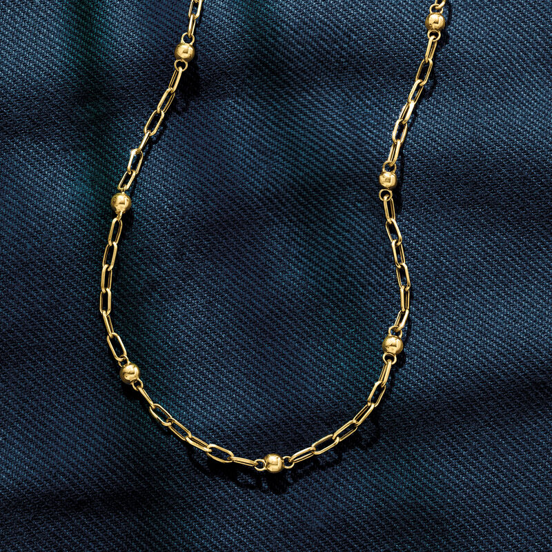 18kt Yellow Gold Bead Station Paper Clip Link Necklace image number 2