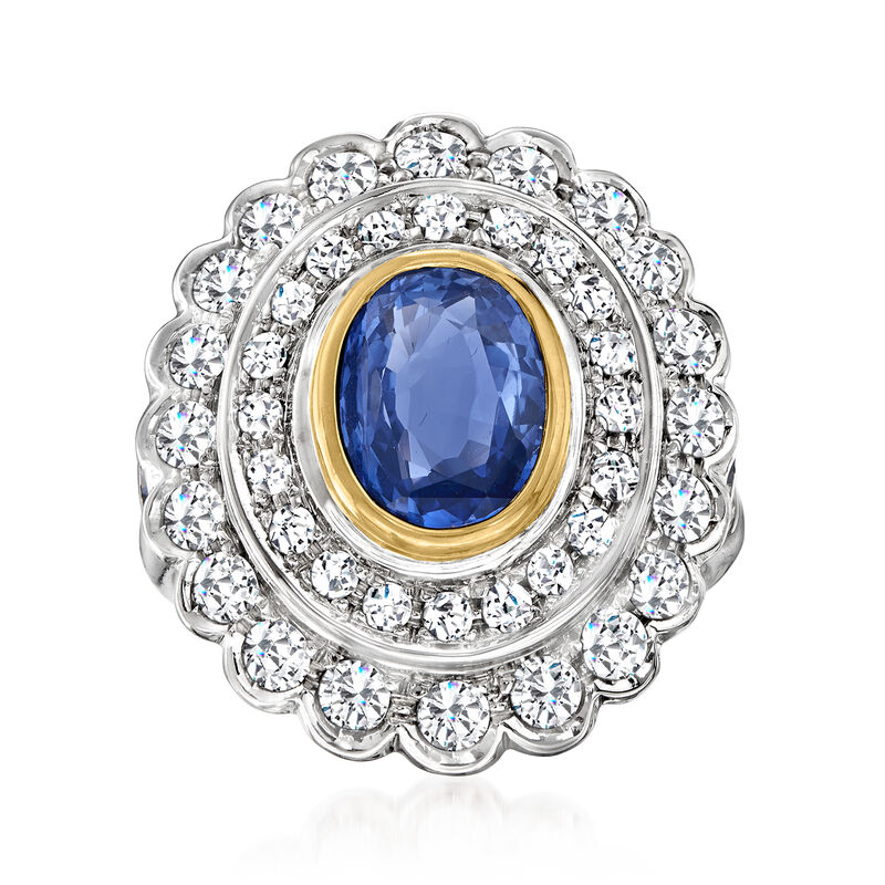 C. 1990 Vintage 2.69 ct. t.w. Sapphire and 1.42 ct. t.w. Diamond Double-Frame Ring in 18kt Two-Tone Gold image number 0