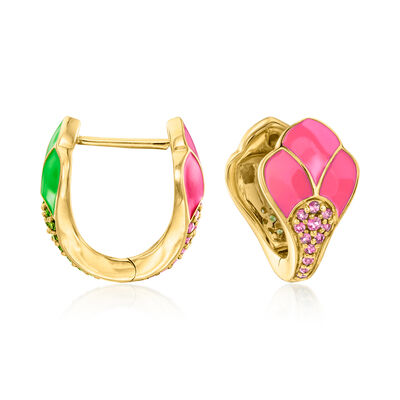 .20 ct. t.w. Chrome Diopside and .20 ct. t.w. Rhodolite Garnet Reversible Hoop Earrings with Green and Pink Enamel in 18kt Gold Over Sterling