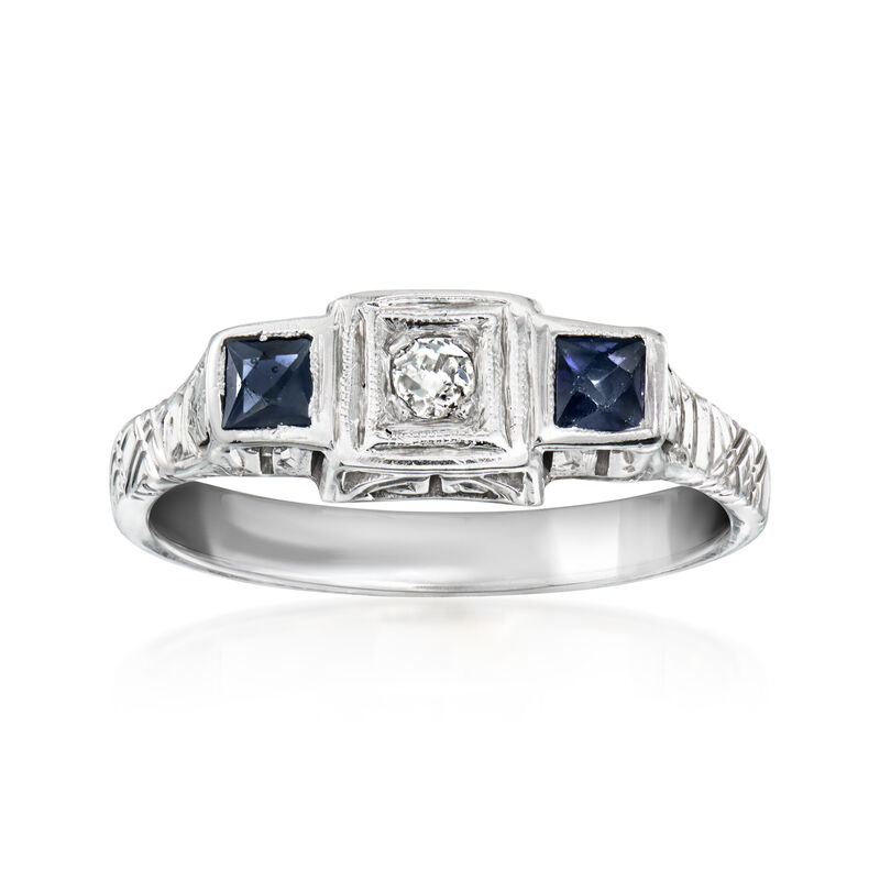 C. 1950 Vintage .30 ct. t.w. Synthetic Sapphire Ring with Single Diamond in 18kt White Gold. Size 8 image number 0