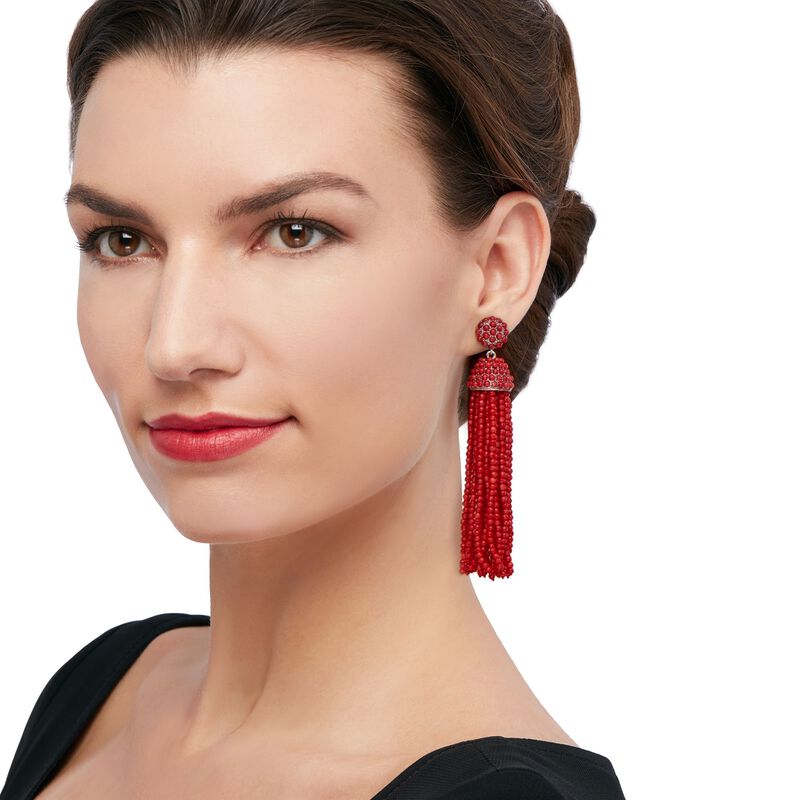 Coral Bead Tassel Drop Earrings in Sterling Silver image number 1