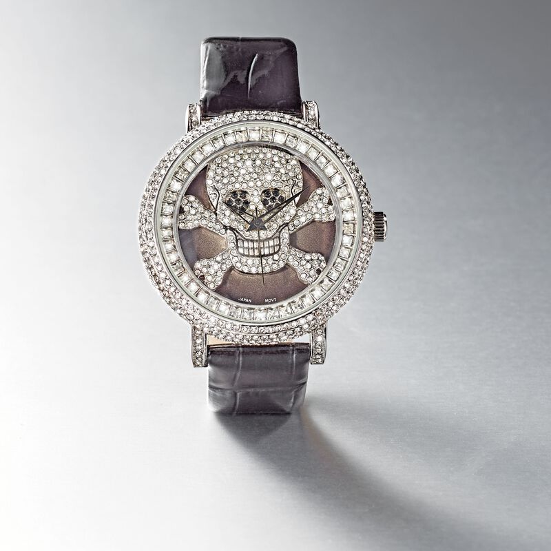 Saint James Women's 46mm White and Black Crystal Skull Watch with Black Leather image number 4