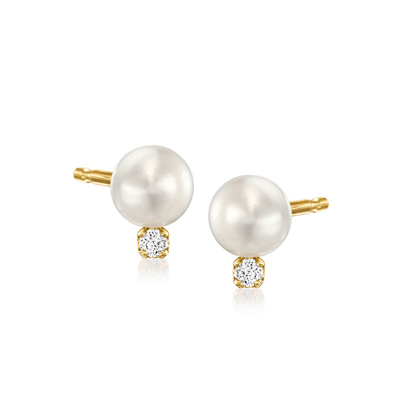 5-5.5mm Cultured Pearl Stud Earrings with Diamonds in 14kt Yellow Gold image number 0