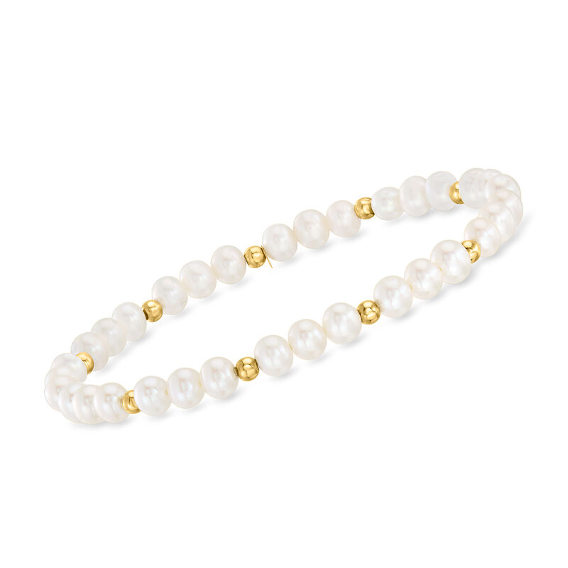 4-5mm Cultured Pearl and 14kt Yellow Gold Bead Stretch Bracelet image number 0