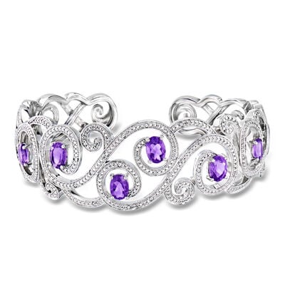 3.80 ct. t.w. Amethyst and .10 ct. t.w. White Topaz Swirl Cuff Bracelet in Sterling Silver