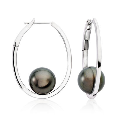 10-11mm Black Cultured Tahitian Pearl Hoop Earrings in 14kt White Gold