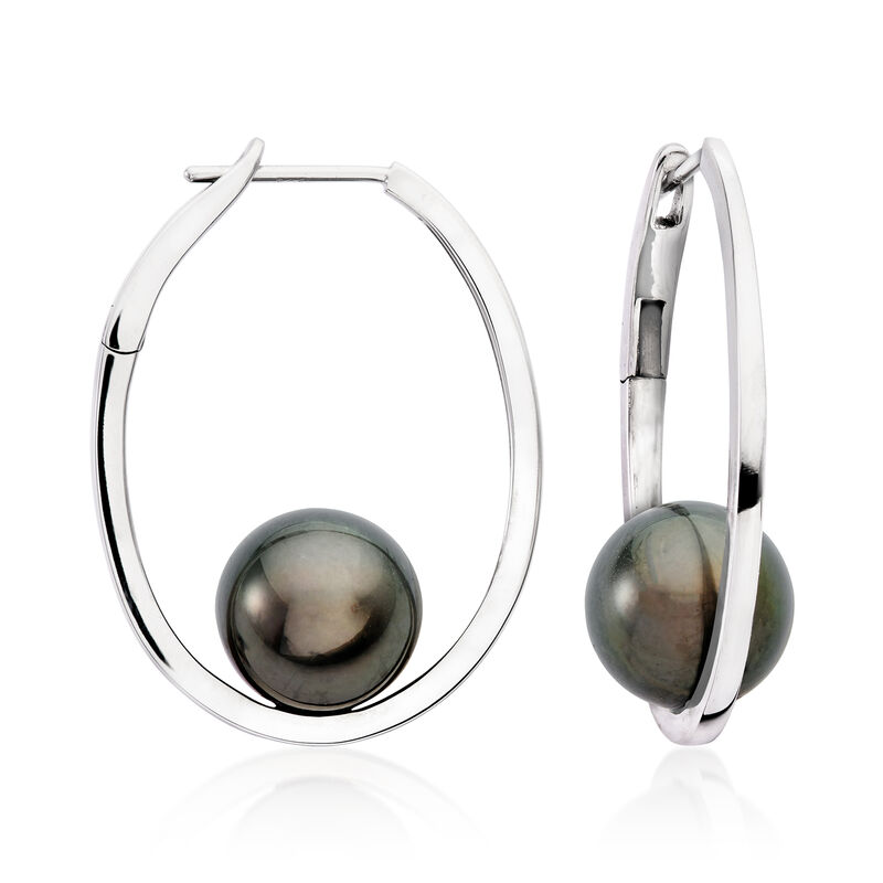 10-11mm Black Cultured Tahitian Pearl Hoop Earrings in 14kt White Gold. 1 1/8&quot; image number 0