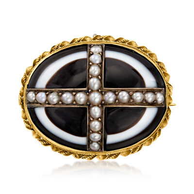 C. 1900 Vintage 2.5mm Cultured Pearl and Multicolored Agate Pin/Pendant in 18kt Yellow Gold